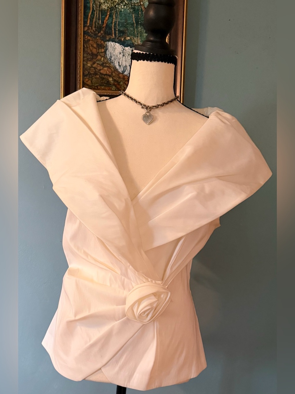 Vintage 80s Jackie Jon Rosette Blouse Off White Cream Satin Top Size XL